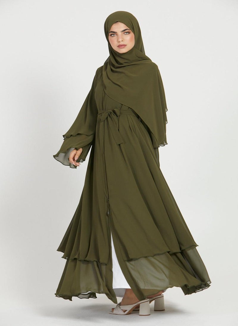 Green Flare Sleeves Tiered Women's Abaya with Hijab