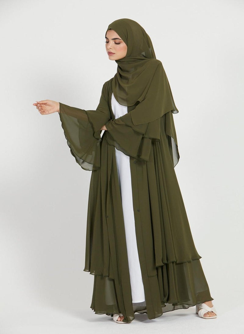 Green Flare Sleeves Tiered Women's Abaya with Hijab