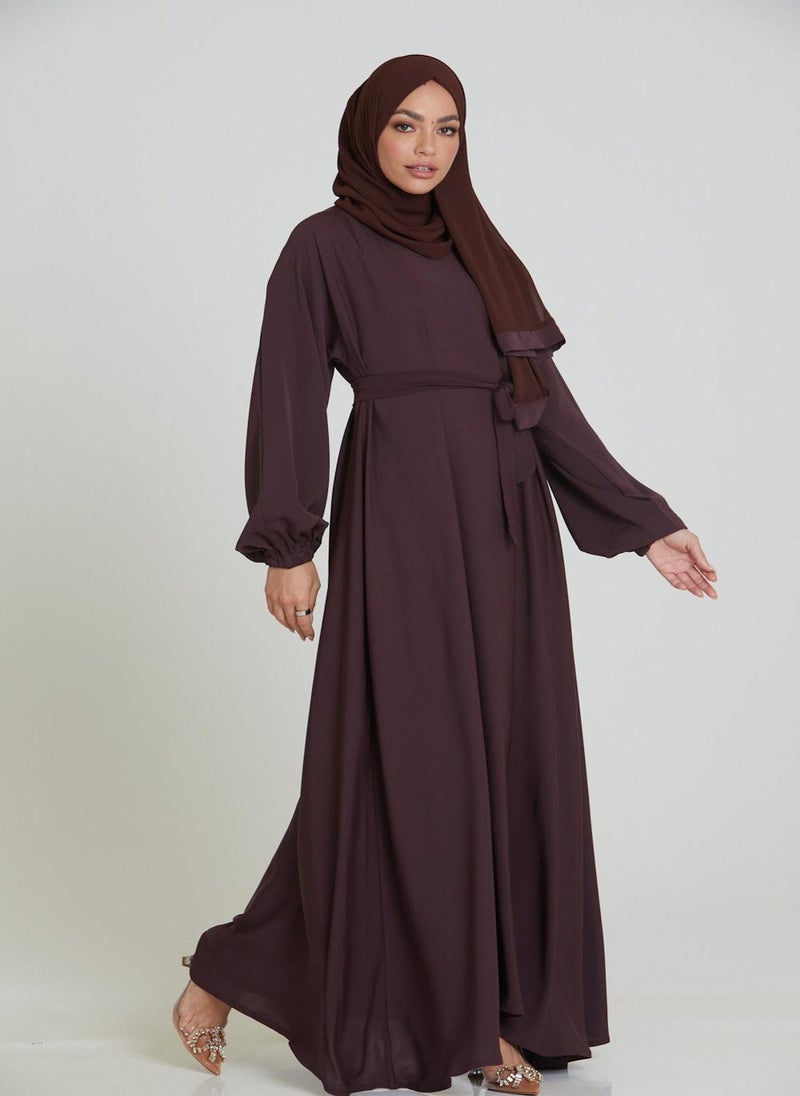 Brown Nida Tie-Up Belted Abaya with Hijab