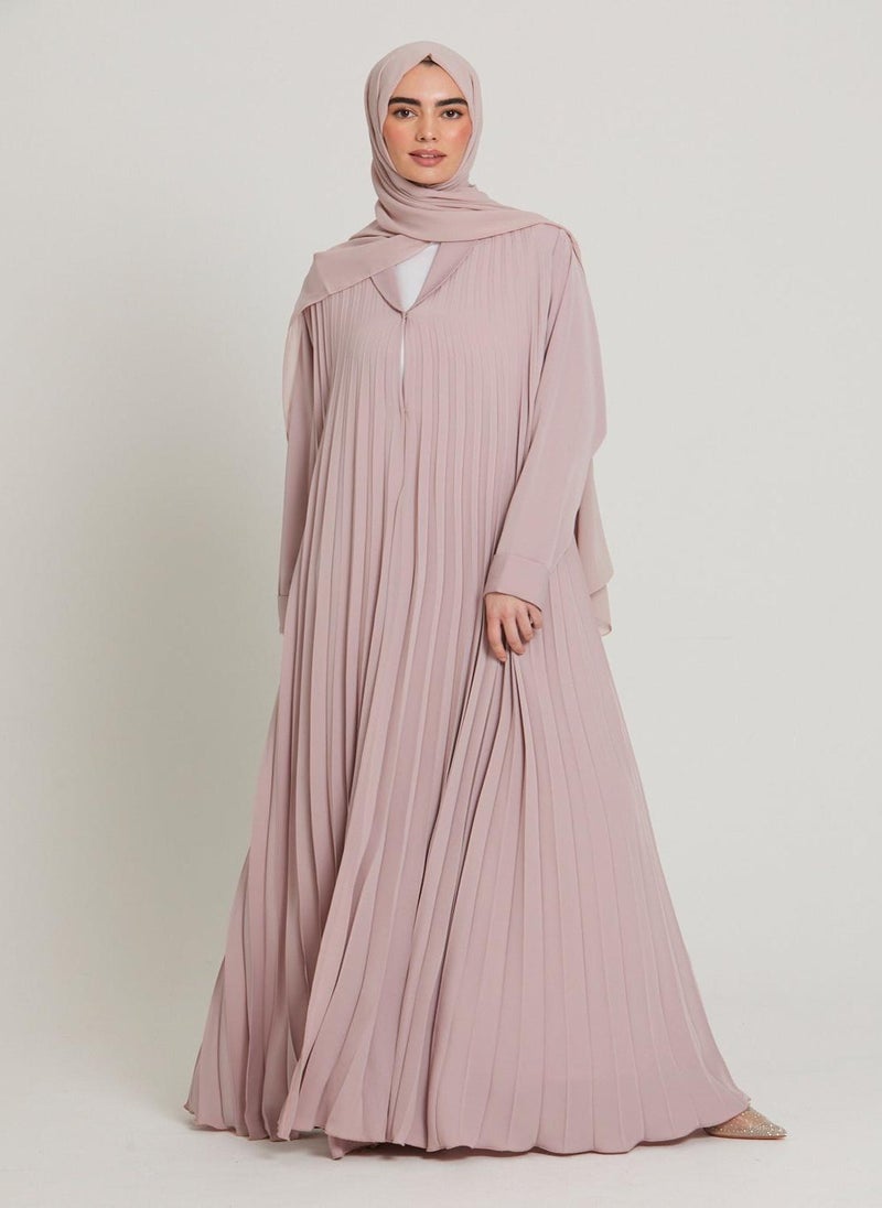 Pink Cuff Sleeves Pleated Women's Abaya with Hijab