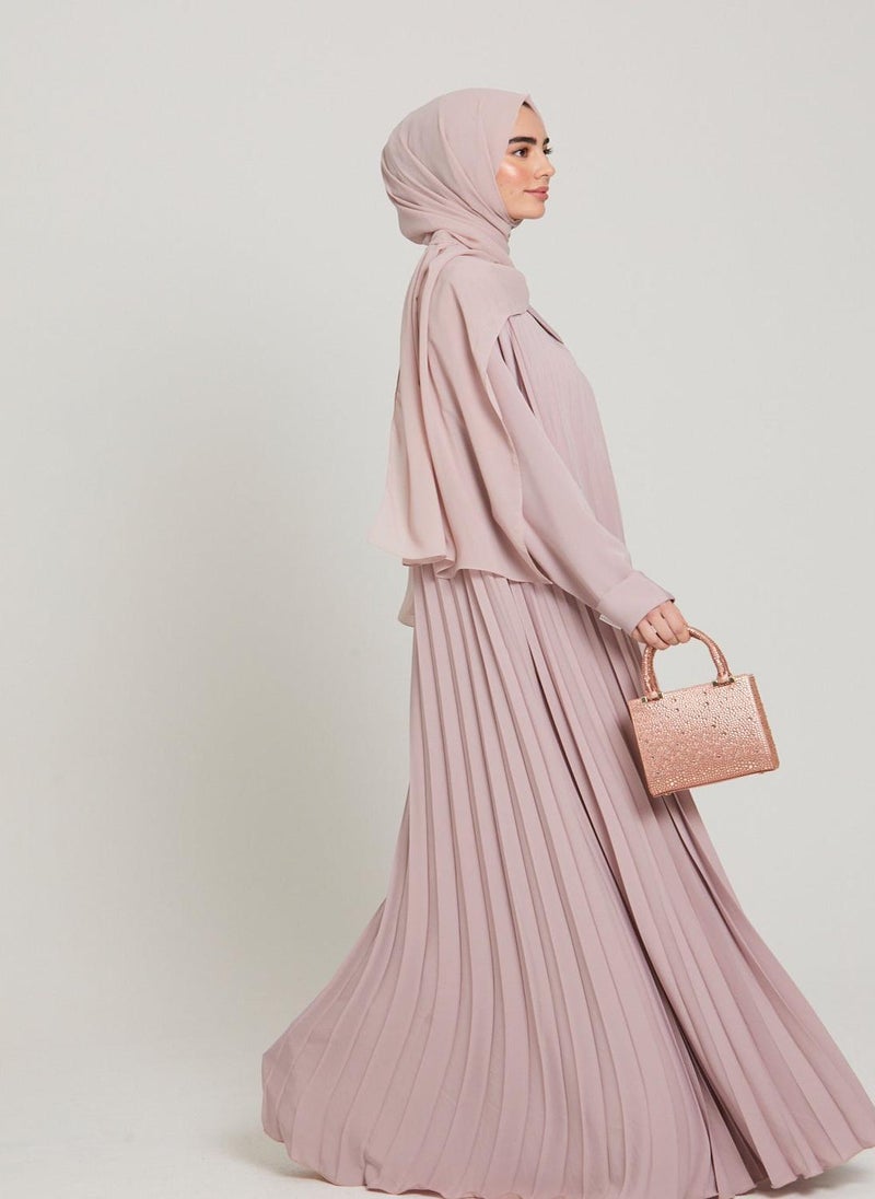 Pink Cuff Sleeves Pleated Women's Abaya with Hijab