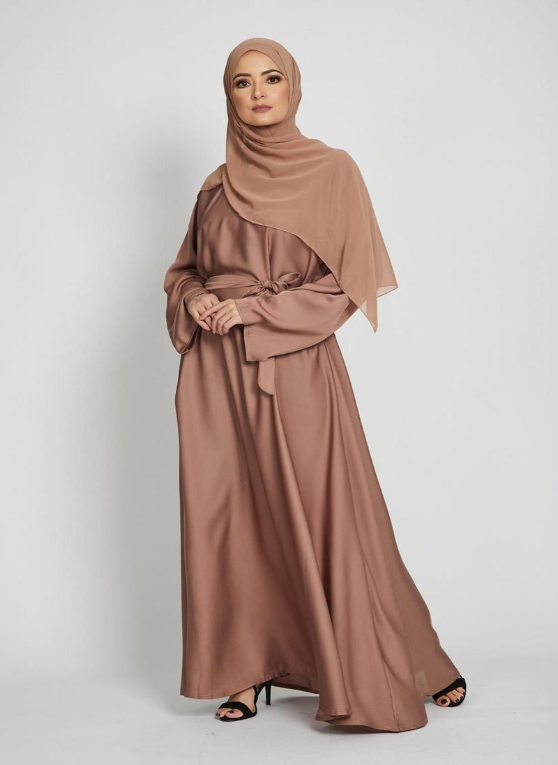 Brown Nida Tie-Up Belted Abaya with Hijab