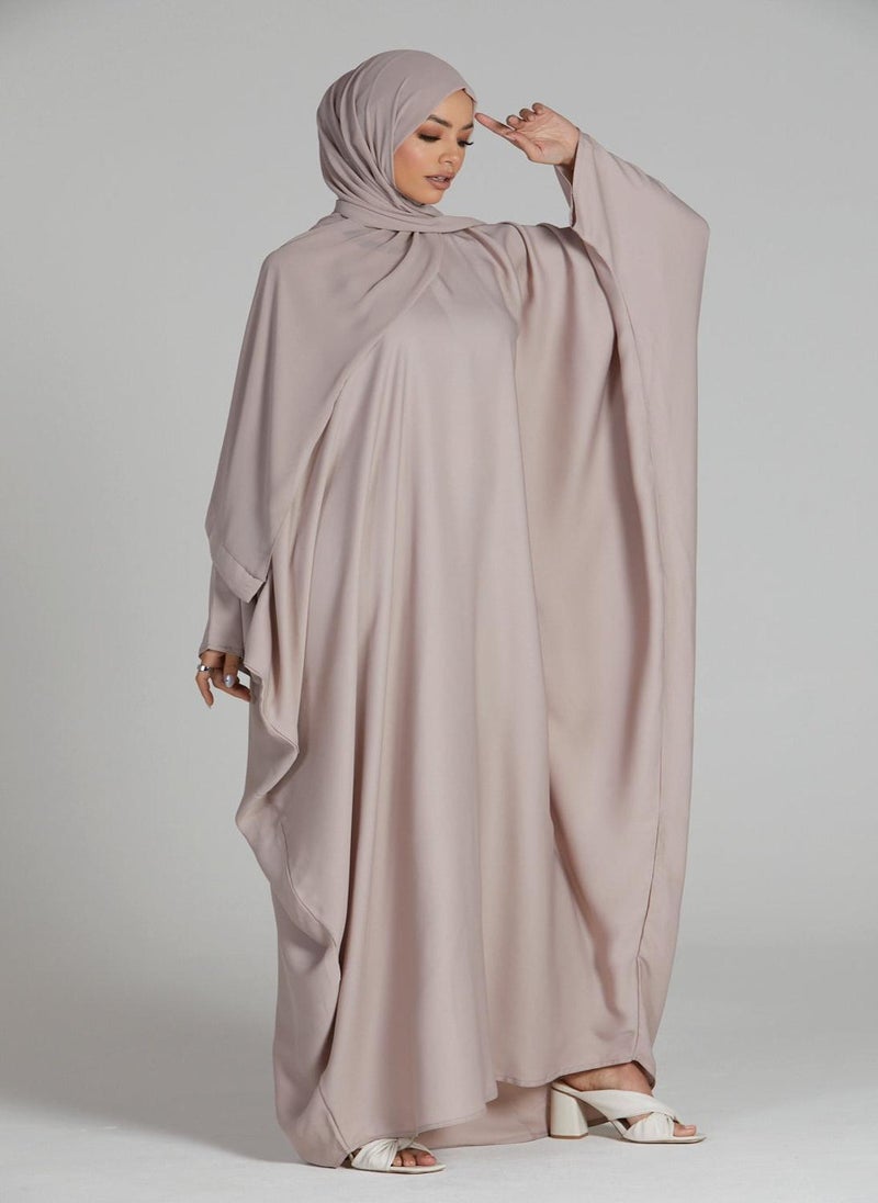 Beige Batwing Sleeves Satin Women's Abaya with Hijab