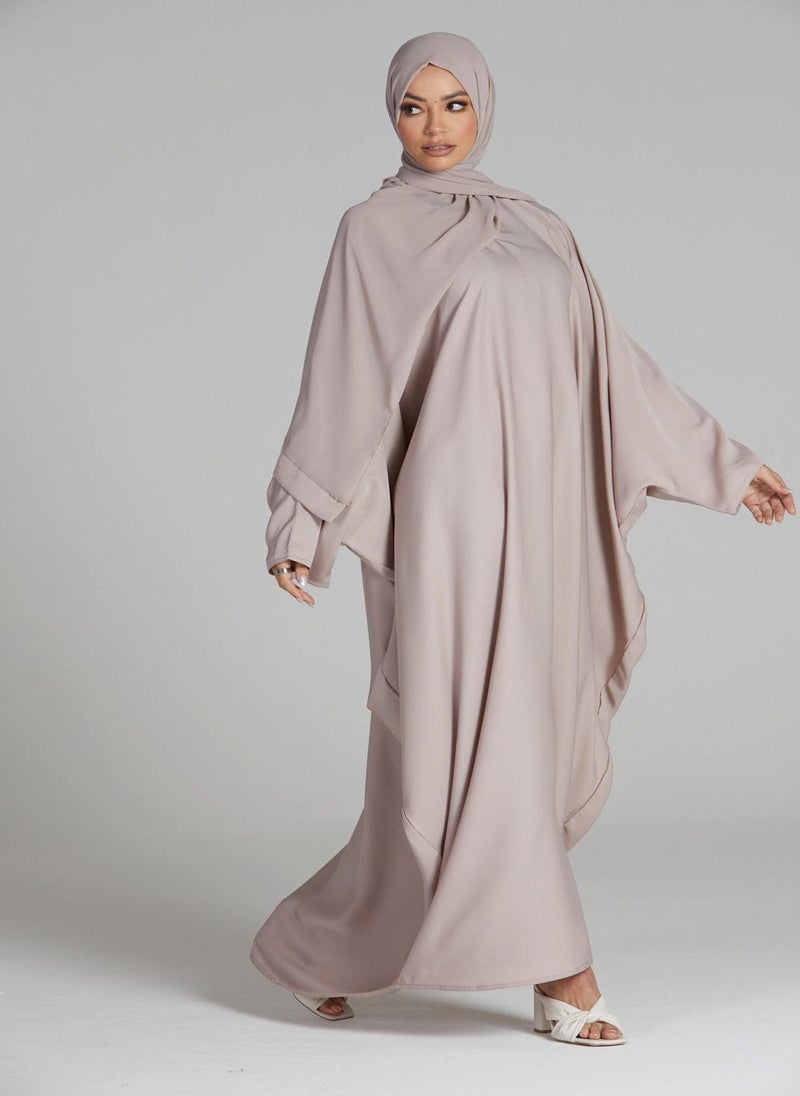 Beige Batwing Sleeves Satin Women's Abaya with Hijab