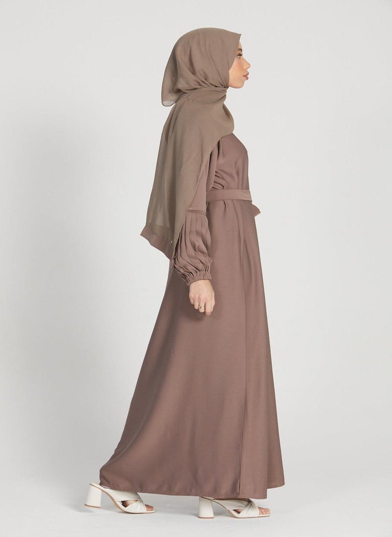 Brown Nida Tie-Up Belted Abaya with Hijab