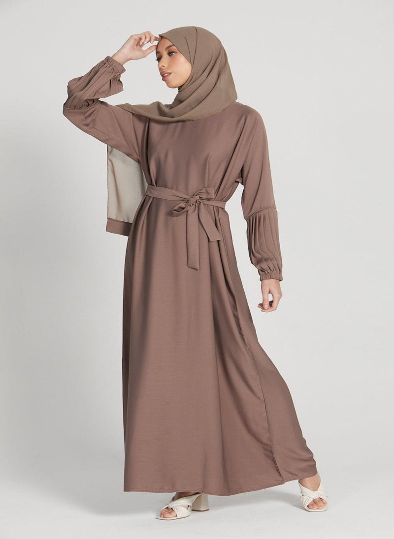 Brown Nida Tie-Up Belted Abaya with Hijab