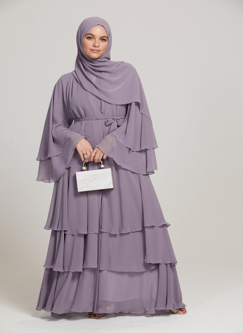 Purple Flare Sleeves Tiered Women's Abaya with Hijab