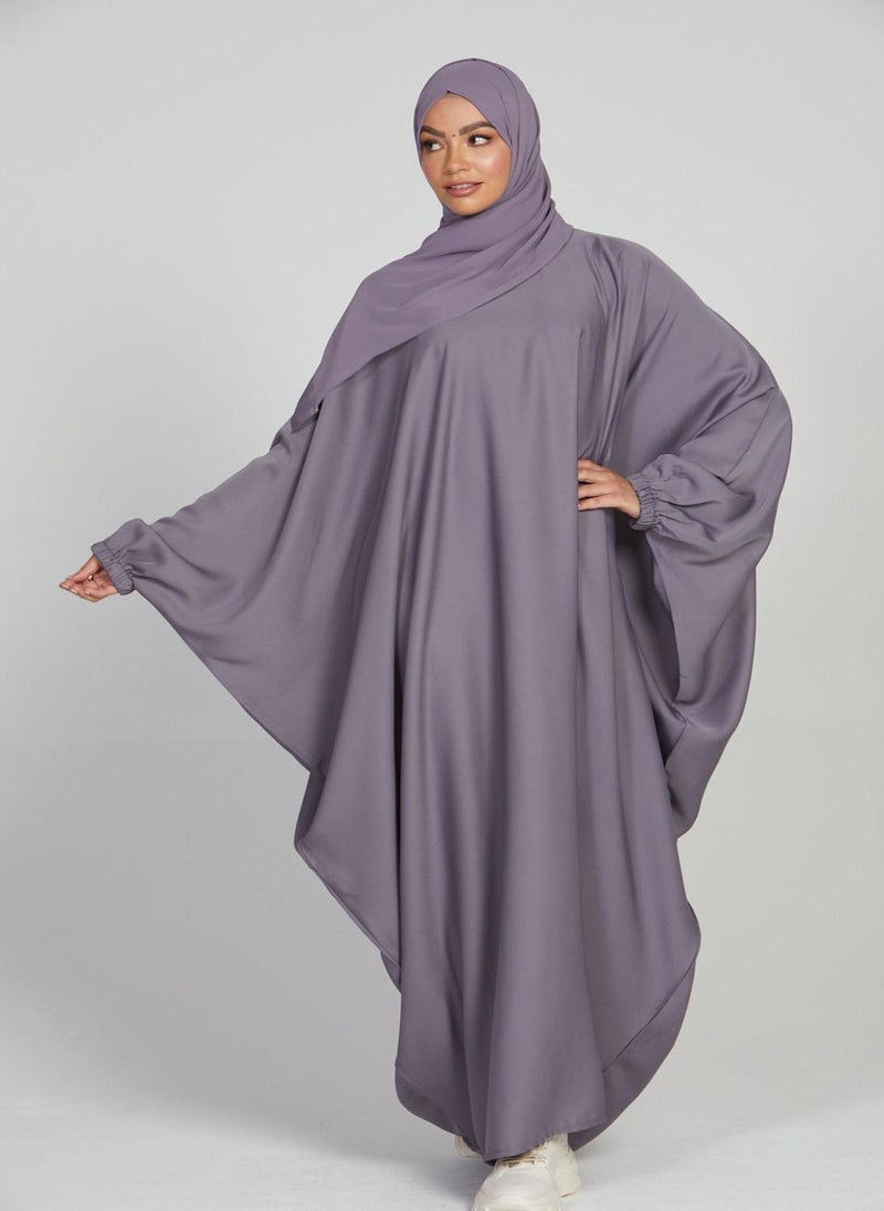 Grey Nida Elasticated Cuff Sleeve Butterfly Abaya with Hijab