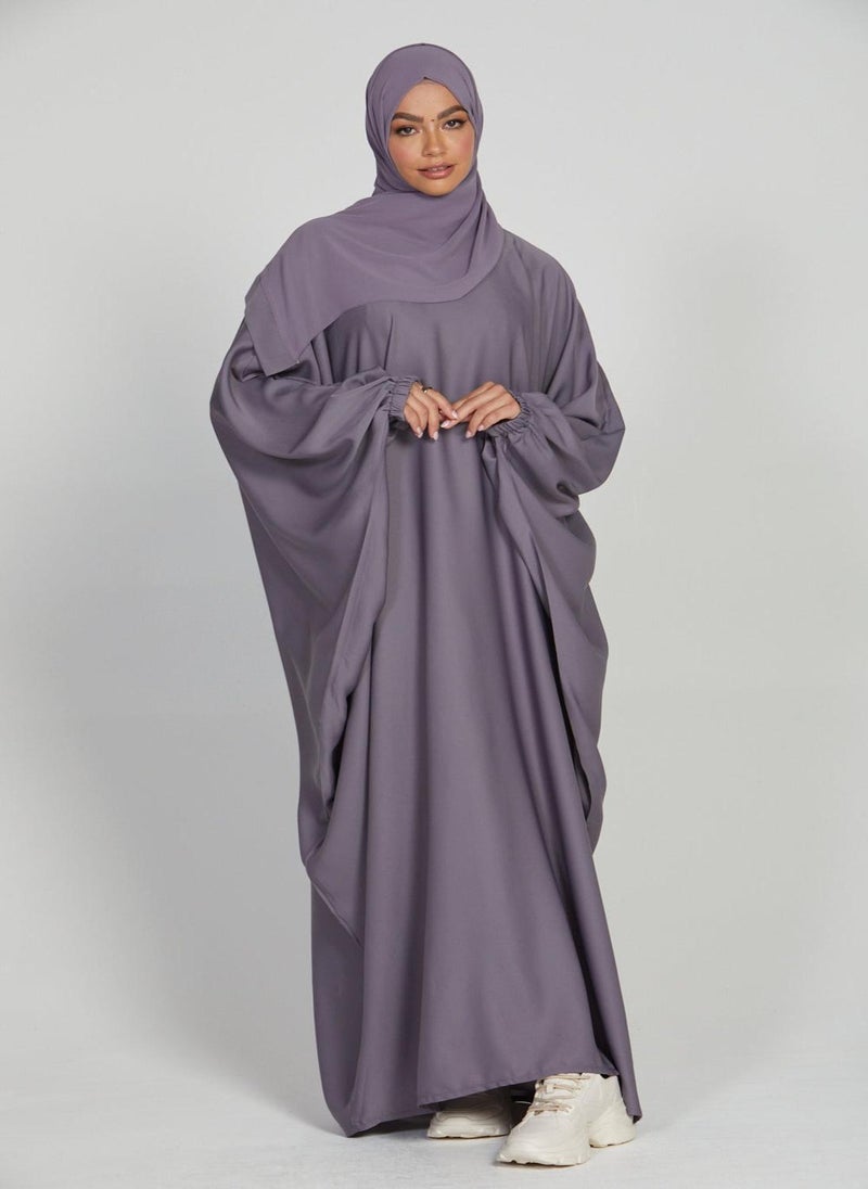 Grey Nida Elasticated Cuff Sleeve Butterfly Abaya with Hijab