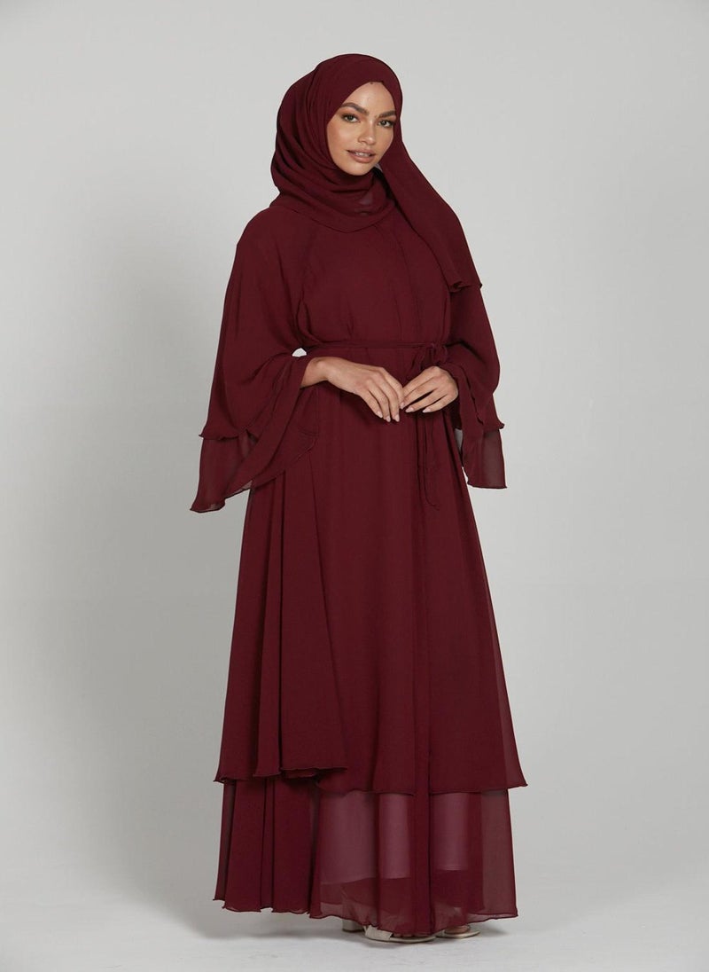 Maroon Flare Sleeves Tiered Women's Abaya with Hijab