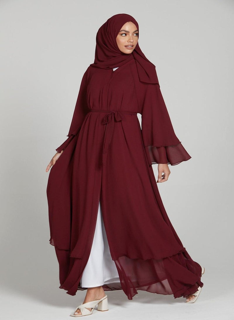 Maroon Flare Sleeves Tiered Women's Abaya with Hijab