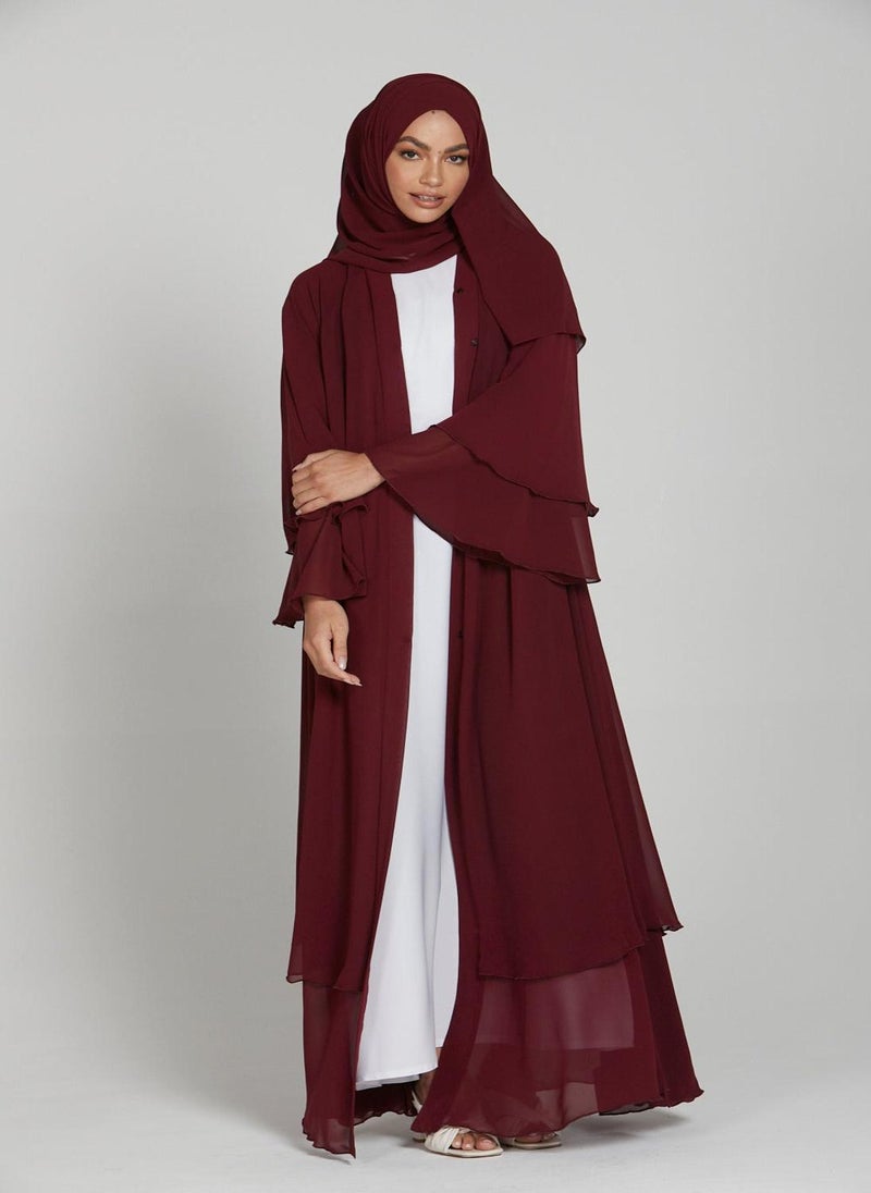 Maroon Flare Sleeves Tiered Women's Abaya with Hijab