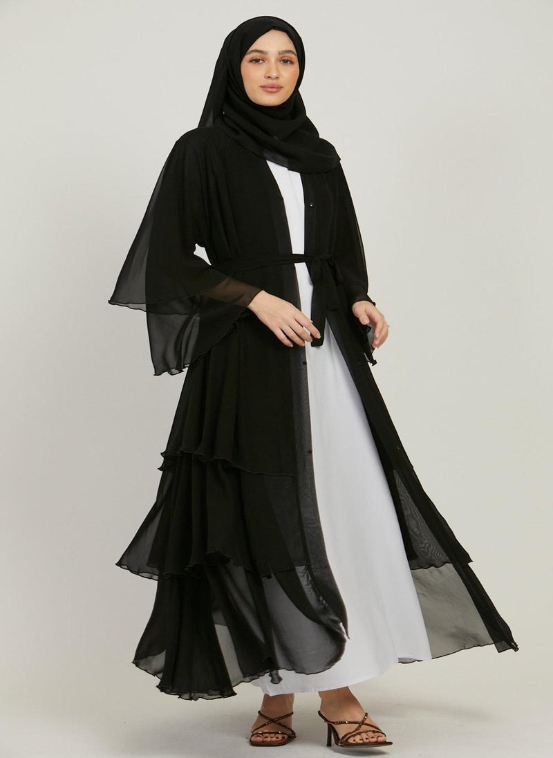 Black Flare Sleeves Tiered Women's Abaya with Hijab