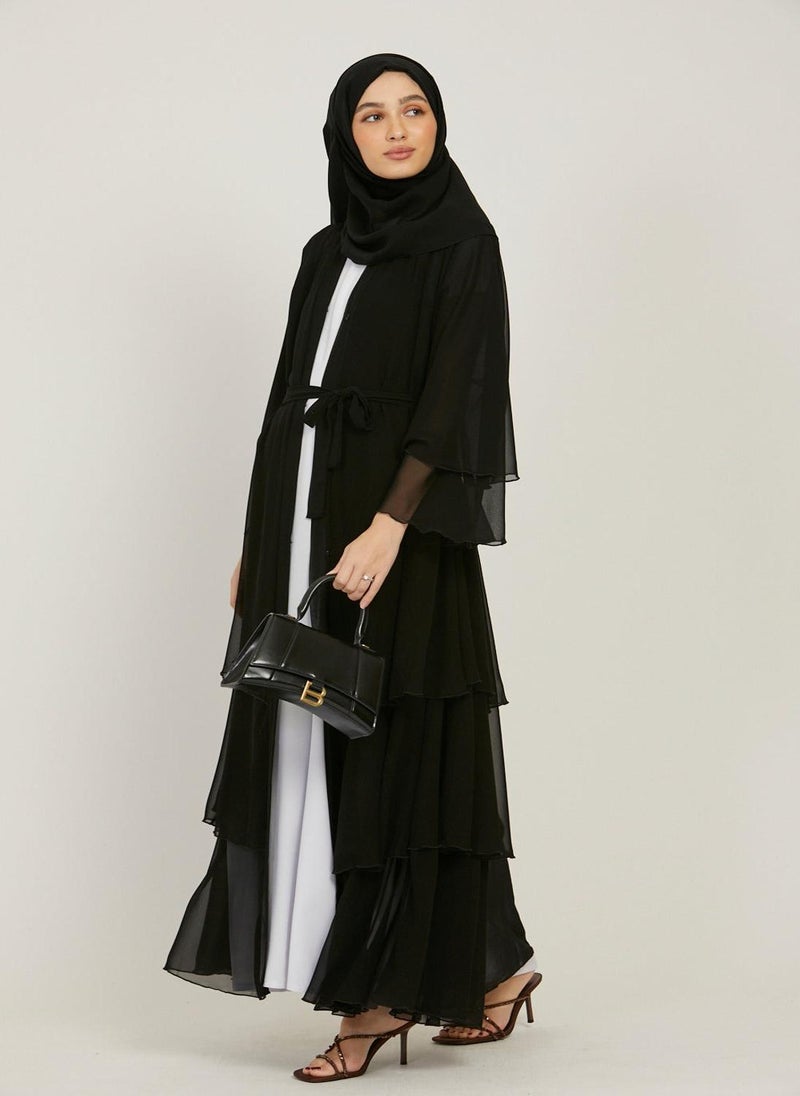 Black Flare Sleeves Tiered Women's Abaya with Hijab