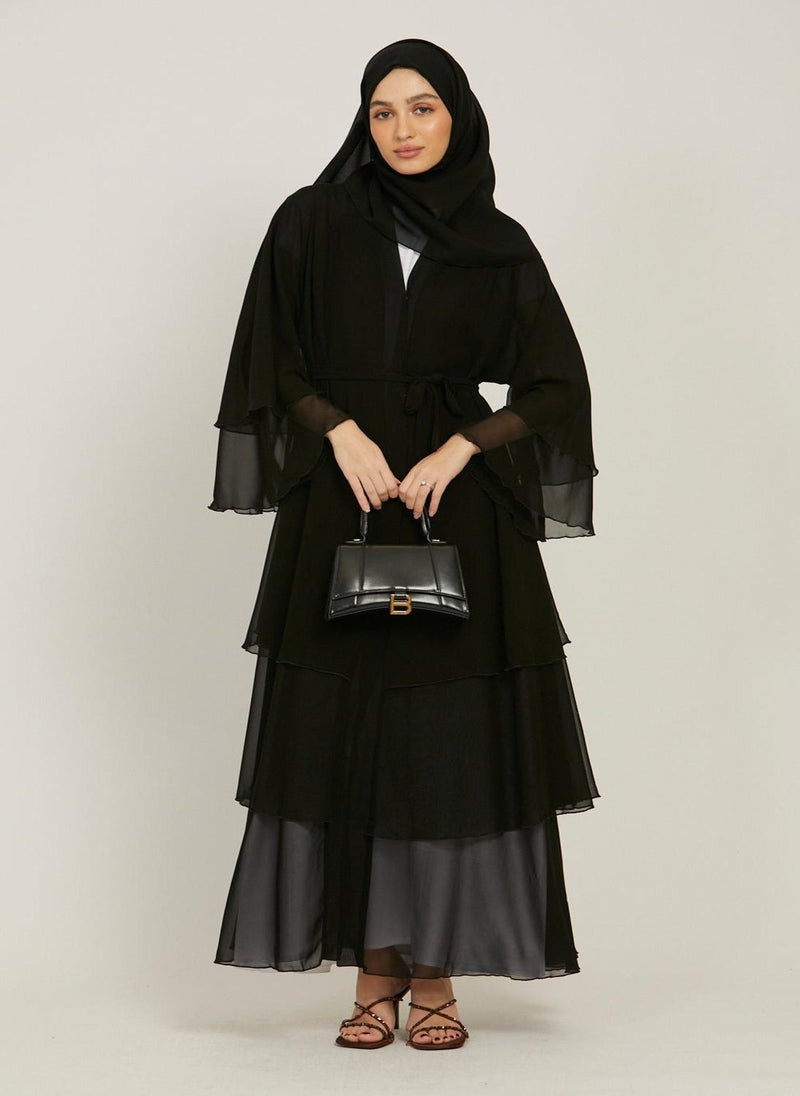 Black Flare Sleeves Tiered Women's Abaya with Hijab