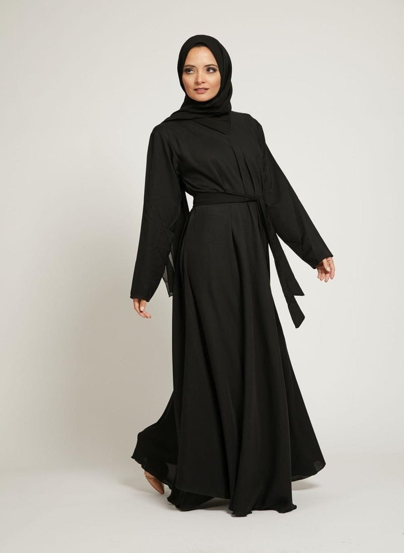 Black Nida Tie-Up Belted Abaya with Hijab