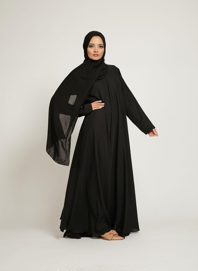 Black Nida Tie-Up Belted Abaya with Hijab