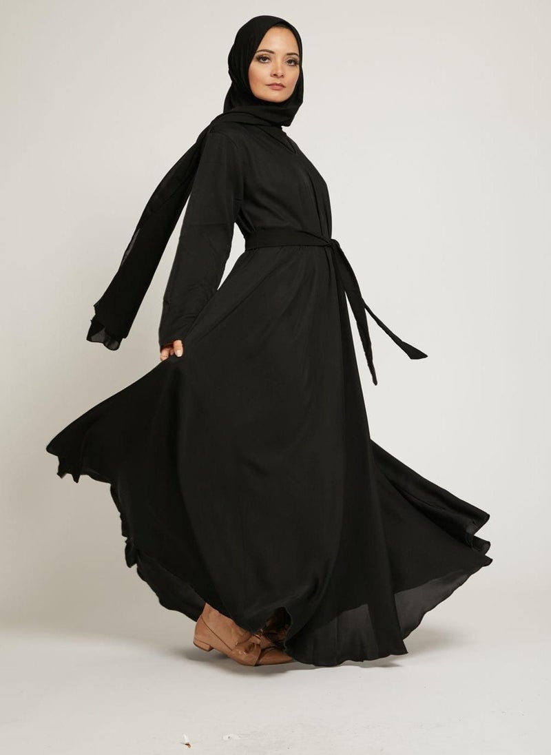 Black Nida Tie-Up Belted Abaya with Hijab