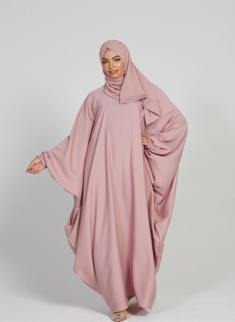 Pink Nida Elasticated Cuff Sleeve Butterfly Abaya with Hijab