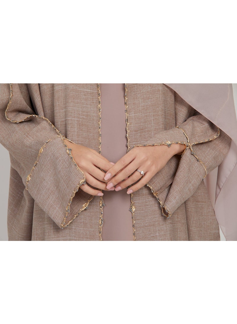 Beige Slit Cuff Sleeves Beaded Linen Women's Abaya with Hijab