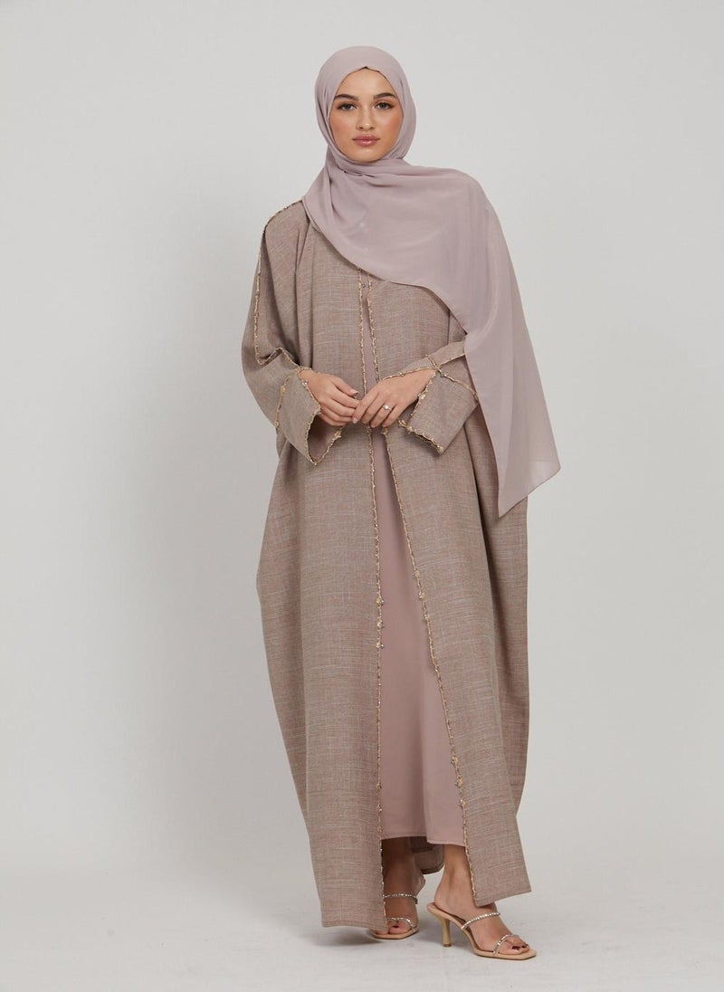 Beige Slit Cuff Sleeves Beaded Linen Women's Abaya with Hijab