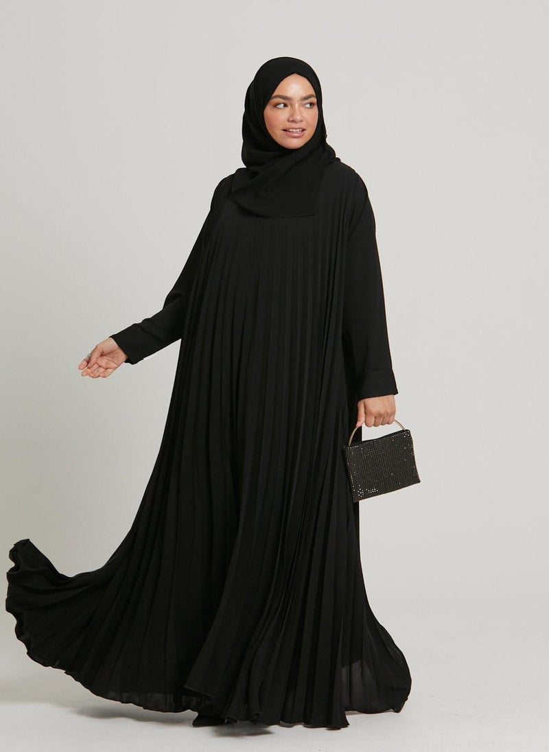 Black Cuff Sleeves Pleated Women's Abaya with Hijab