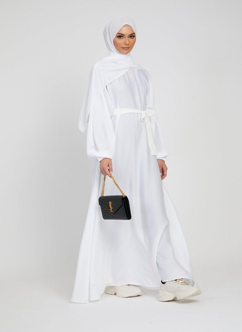 White Nida Tie-Up Belted Abaya with Hijab