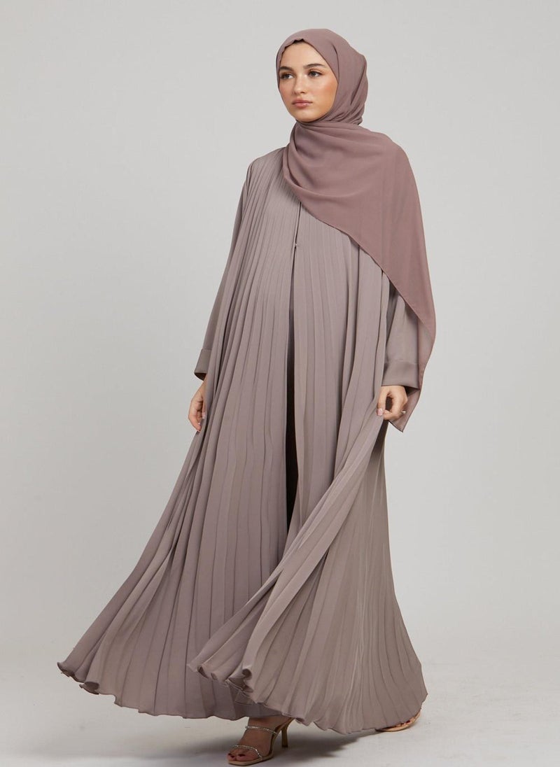 Grey Cuff Sleeves Pleated Women's Abaya with Hijab