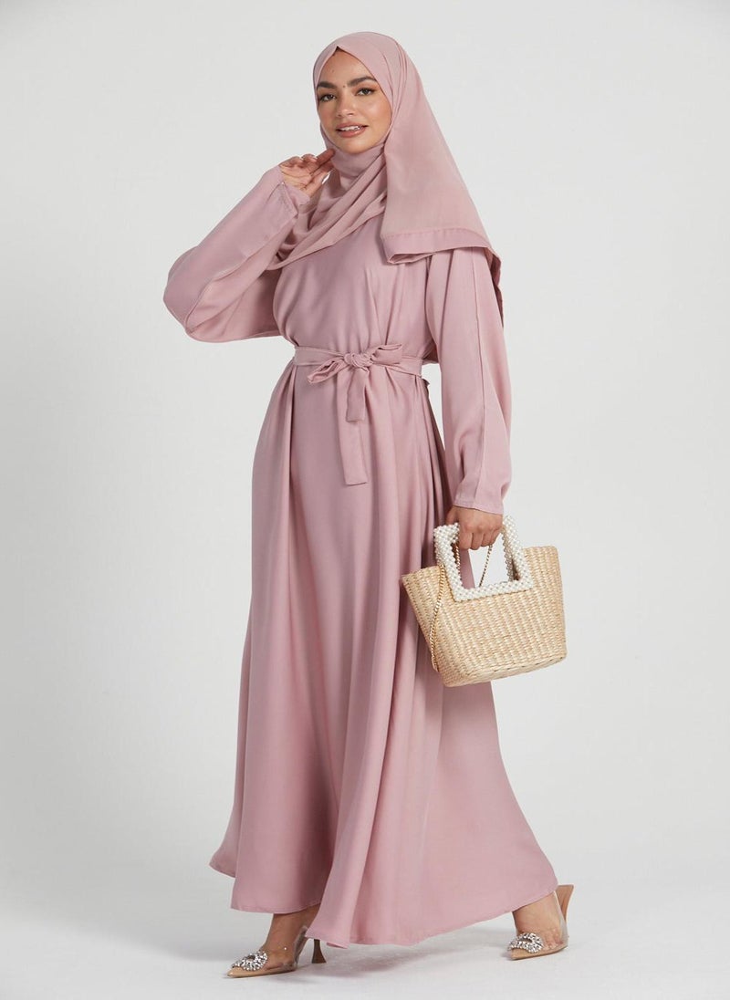 Pink Nida Tie-Up Belted Abaya with Hijab