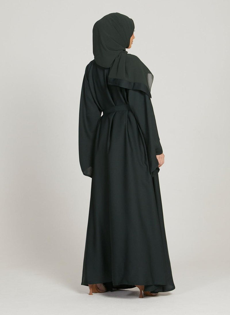 Black Nida Flared Sleeves Tie-Up Belted Abaya with Hijab