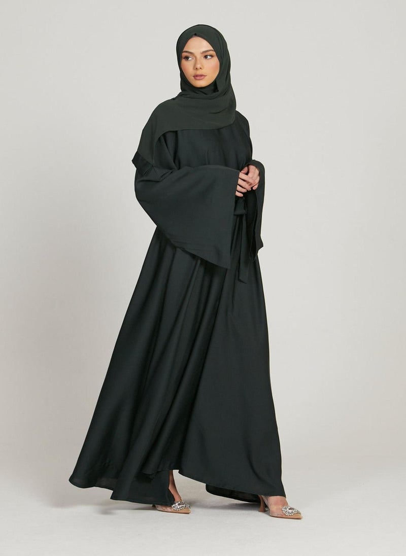 Black Nida Flared Sleeves Tie-Up Belted Abaya with Hijab