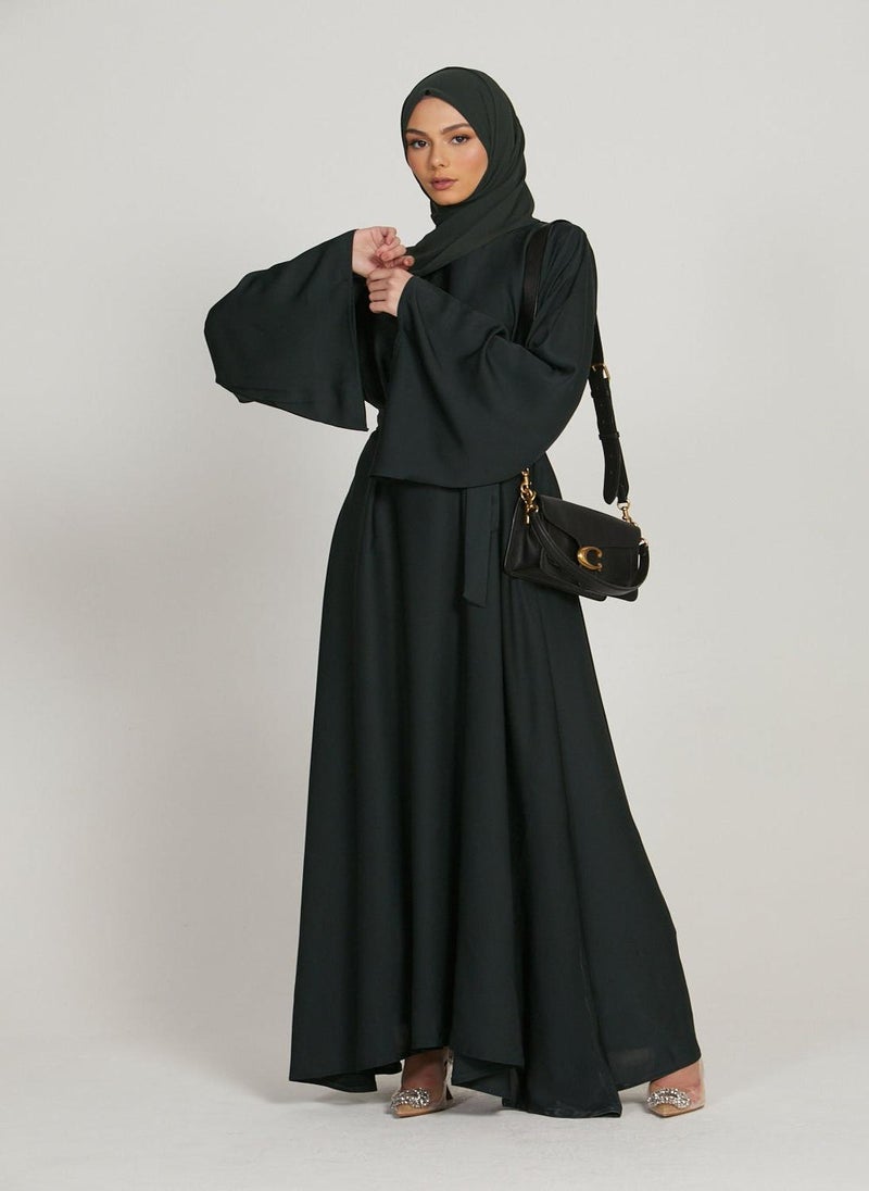 Black Nida Flared Sleeves Tie-Up Belted Abaya with Hijab