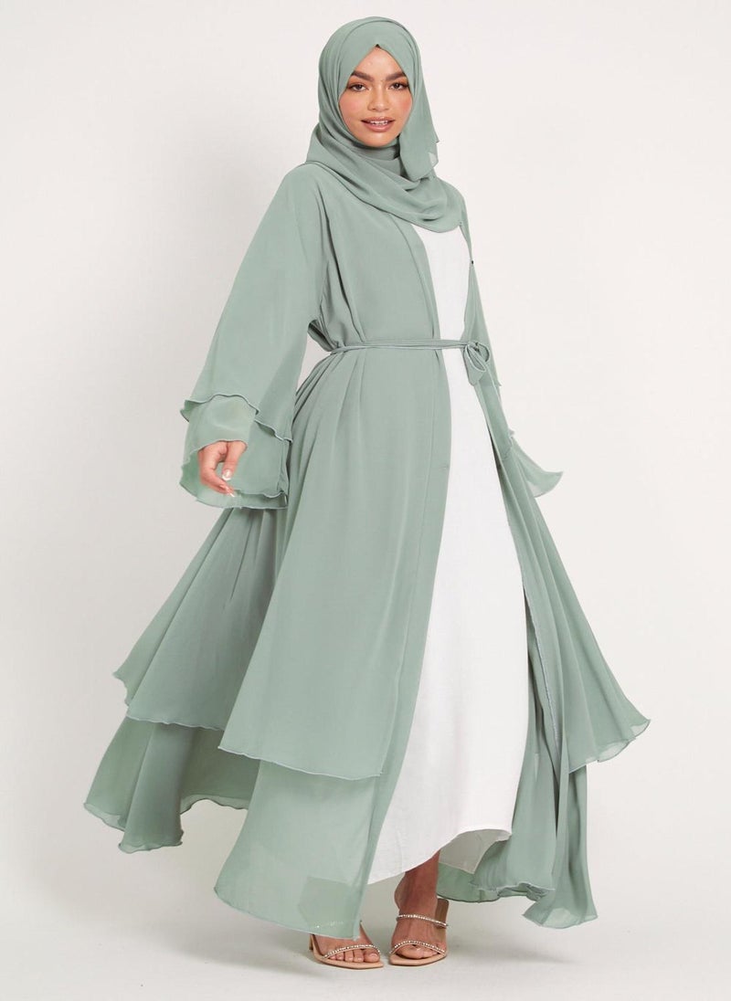 Green Flare Sleeves Tiered Women's Abaya with Hijab