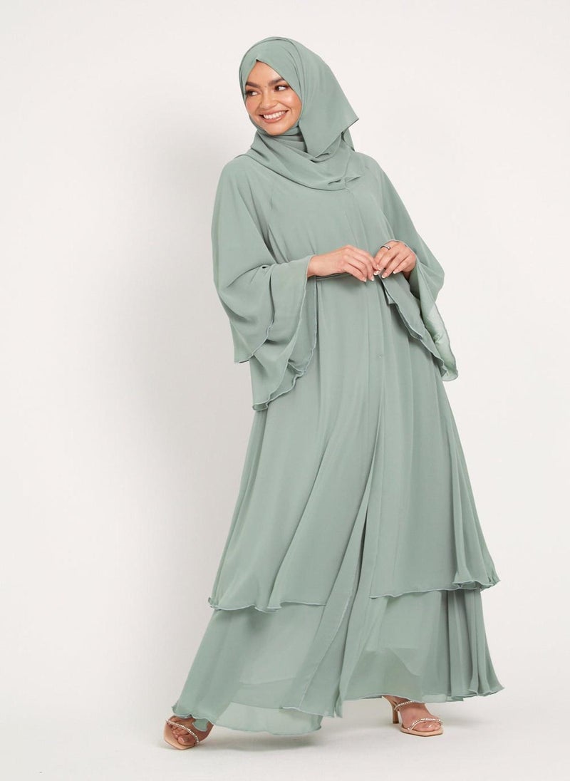 Green Flare Sleeves Tiered Women's Abaya with Hijab