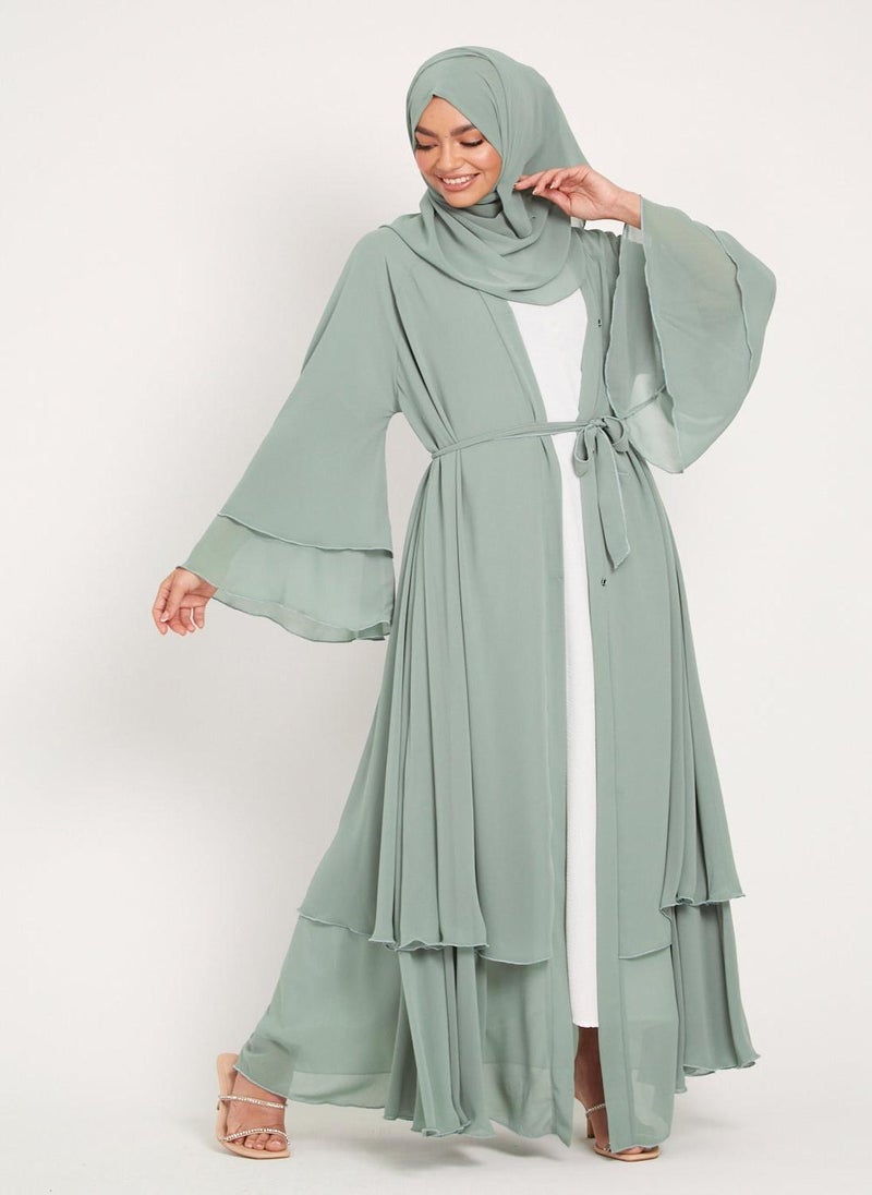 Green Flare Sleeves Tiered Women's Abaya with Hijab