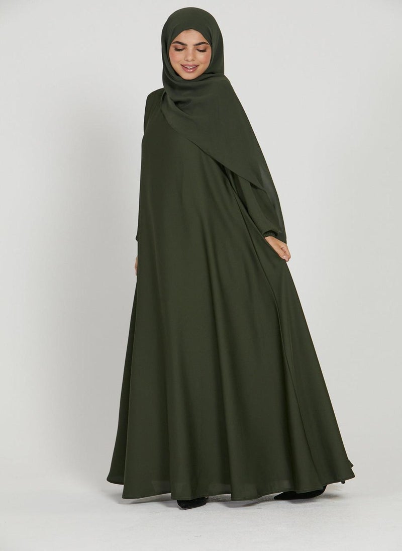 Green Nida Tie-Up Belted Abaya with Hijab