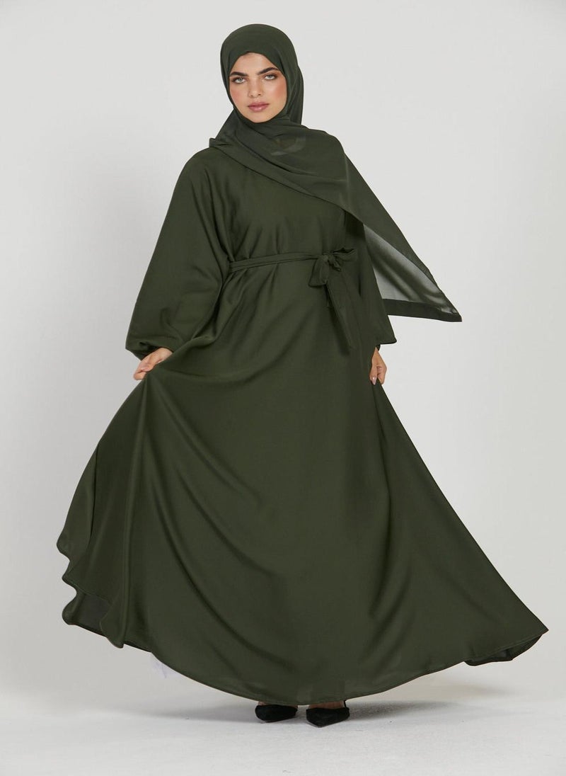 Green Nida Tie-Up Belted Abaya with Hijab