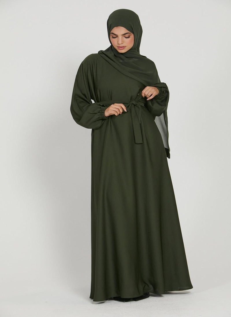 Green Nida Tie-Up Belted Abaya with Hijab