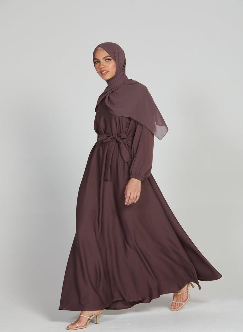 Brown Nida Tie-Up Belted Abaya with Hijab