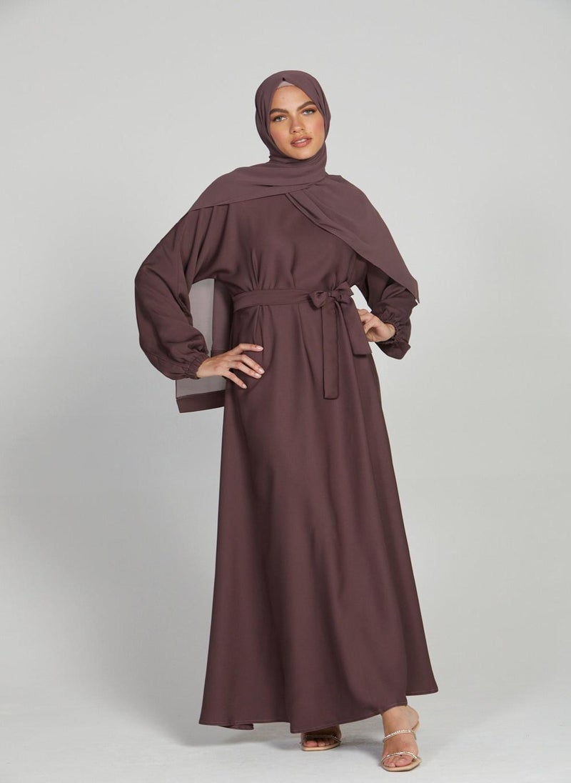 Brown Nida Tie-Up Belted Abaya with Hijab