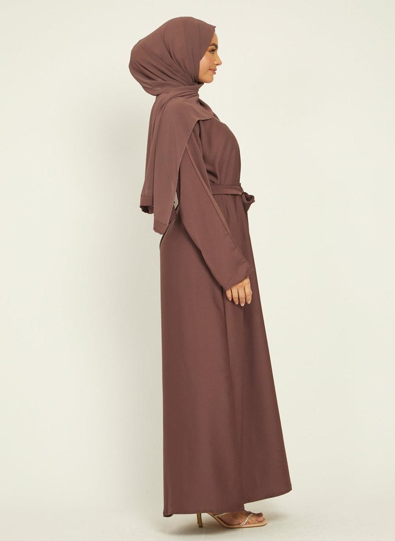 Brown Nida Tie-Up Belted Abaya with Hijab