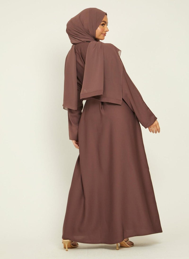 Brown Nida Tie-Up Belted Abaya with Hijab