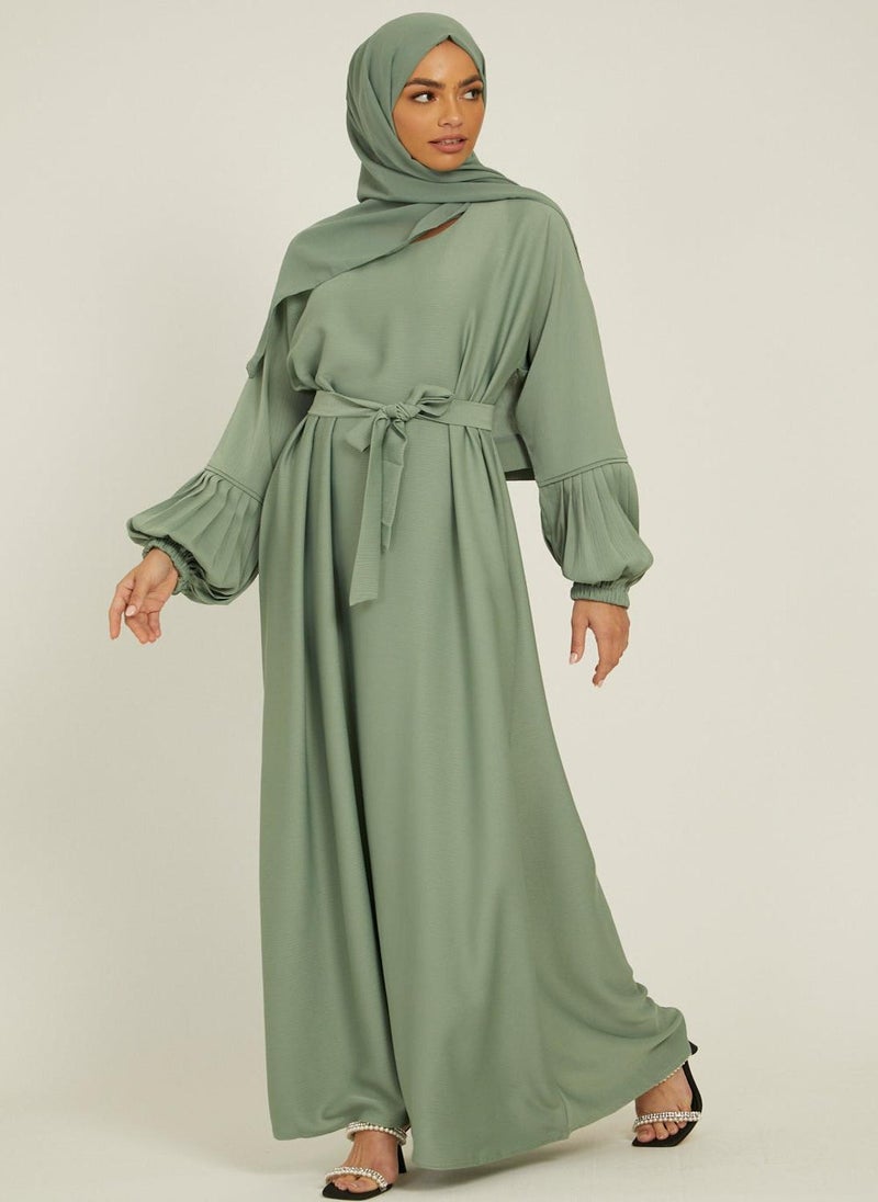 Green Nida Tie-Up Belted Abaya with Hijab