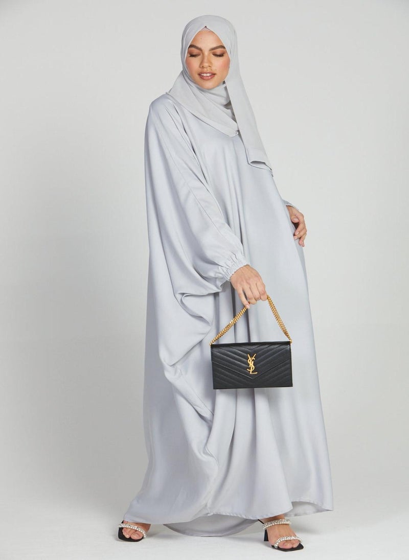 Grey Nida Elasticated Cuff Sleeve Butterfly Abaya with Hijab