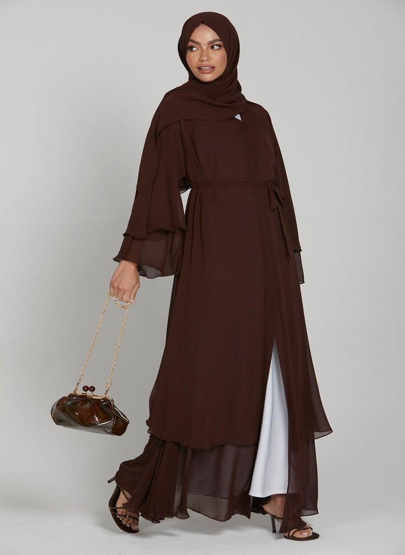 Brown Flare Sleeves Tiered Women's Abaya with Hijab