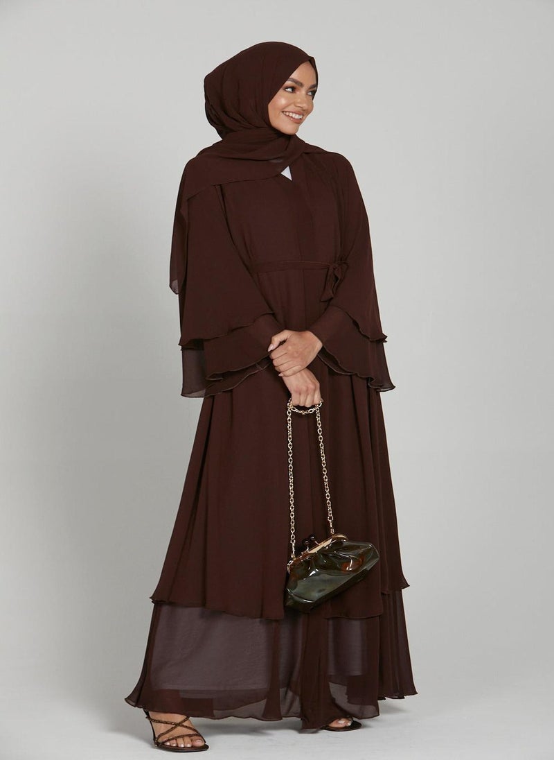 Brown Flare Sleeves Tiered Women's Abaya with Hijab