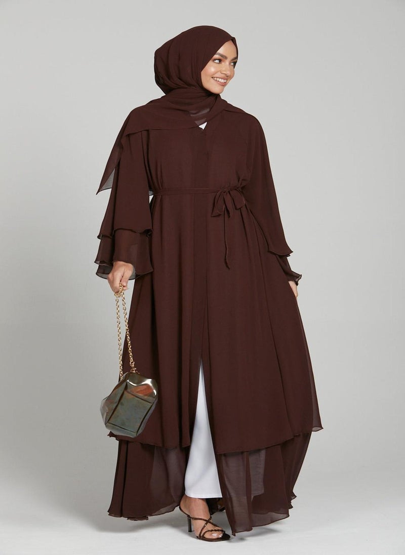 Brown Flare Sleeves Tiered Women's Abaya with Hijab