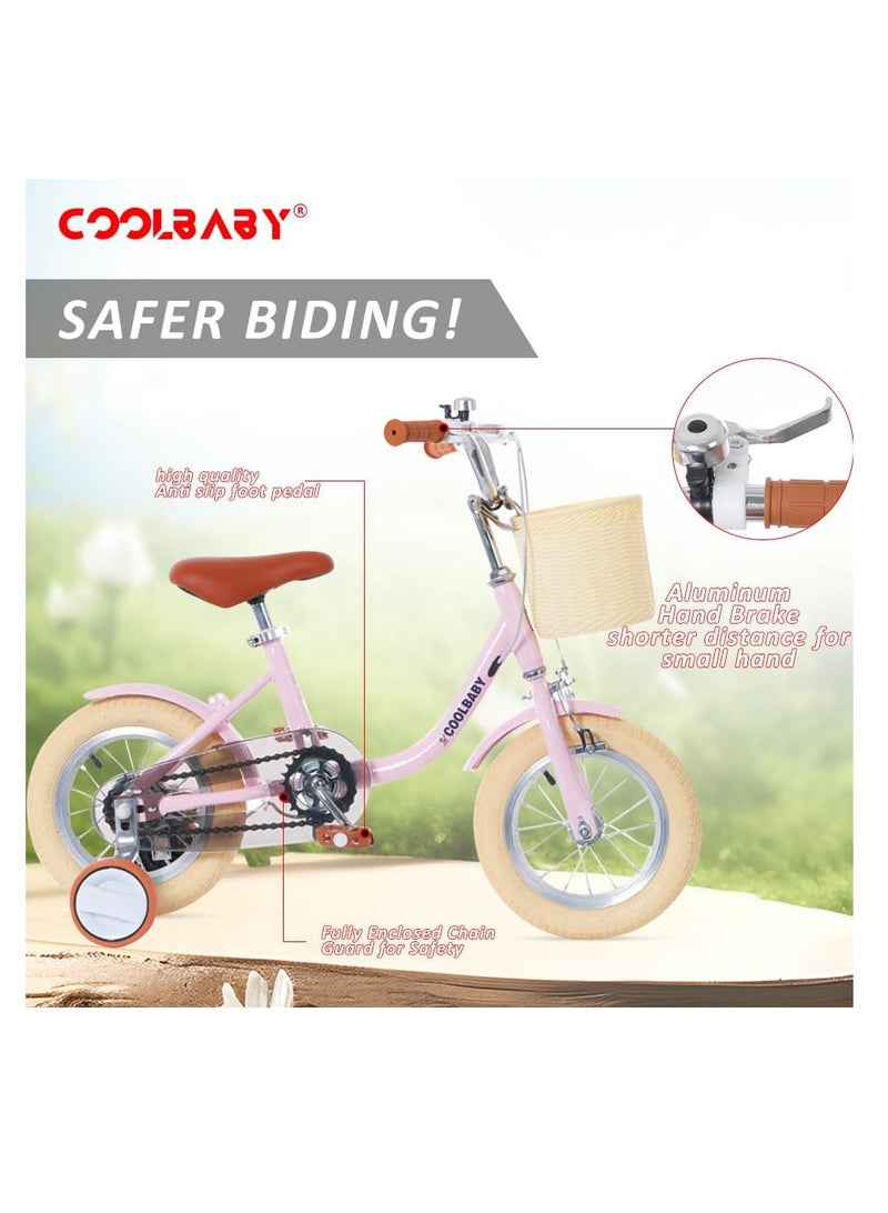 COOL BABY Princess children's bicycles are suitable for children aged 2-5 Children's bicycles with adjustable height with storage baskets and auxiliary wheels