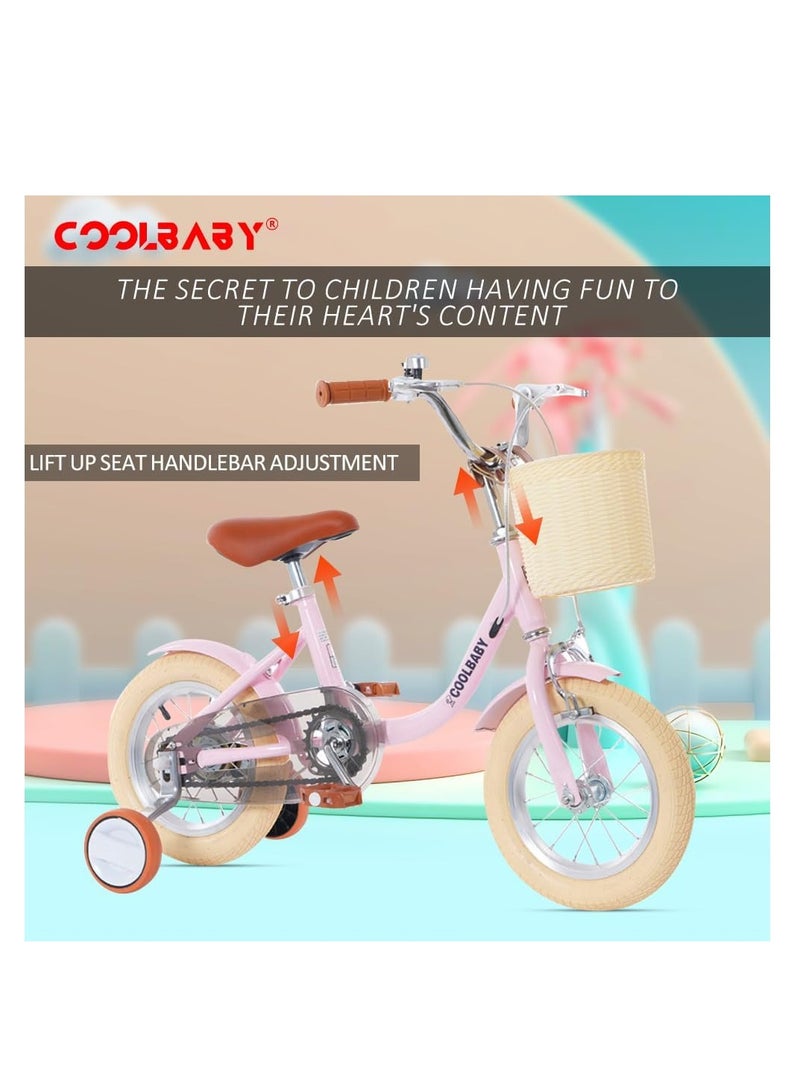 COOL BABY Princess children's bicycles are suitable for children aged 2-5 Children's bicycles with adjustable height with storage baskets and auxiliary wheels