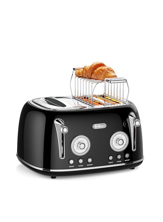 Feller Germany, Retro Style 4-Slice Toaster, 1630 W, Steel Body, 2 Dust Covers & 2 Bun Warmers, Defrost, Reheat, & Cancel Function, 4 Extra wide Bread Slots, Removable Crumb Tray, TO490 (Glossy Black)